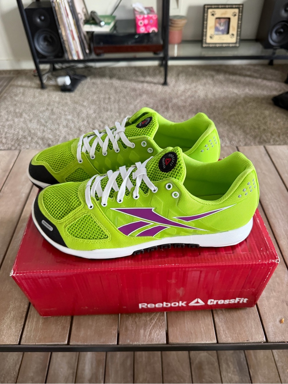 Reebok women’s Crossfit Nano 2.0.  Neon Green Sneakers with Purple Logo